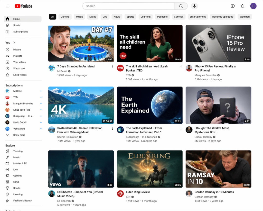 YouTube首页截图