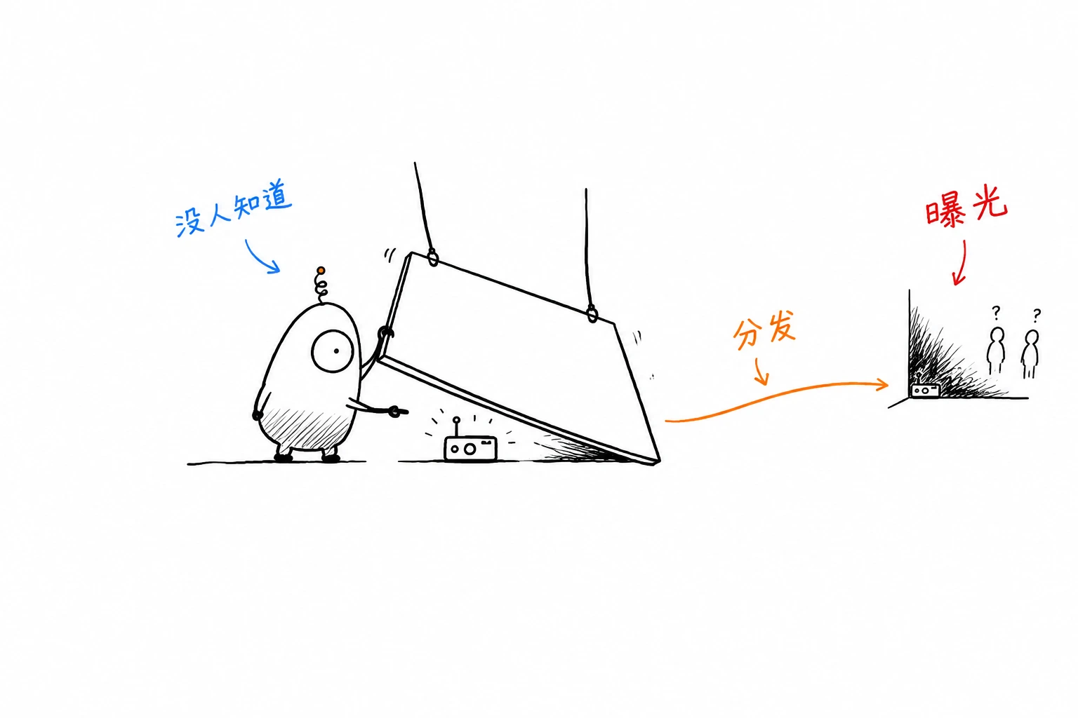 Doo lifts a fallen sign hiding a freshly launched product nobody knows about