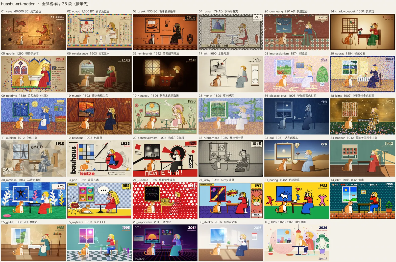 All 35 styles, one frame each